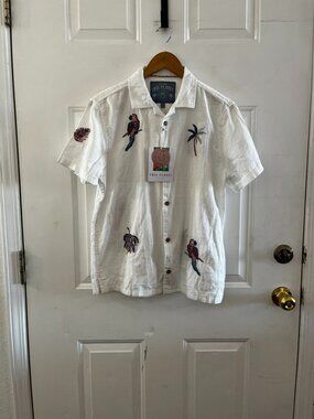 Free Planet Men's 100% Cotton White Embroider Tropical Summer Shirt sz sm